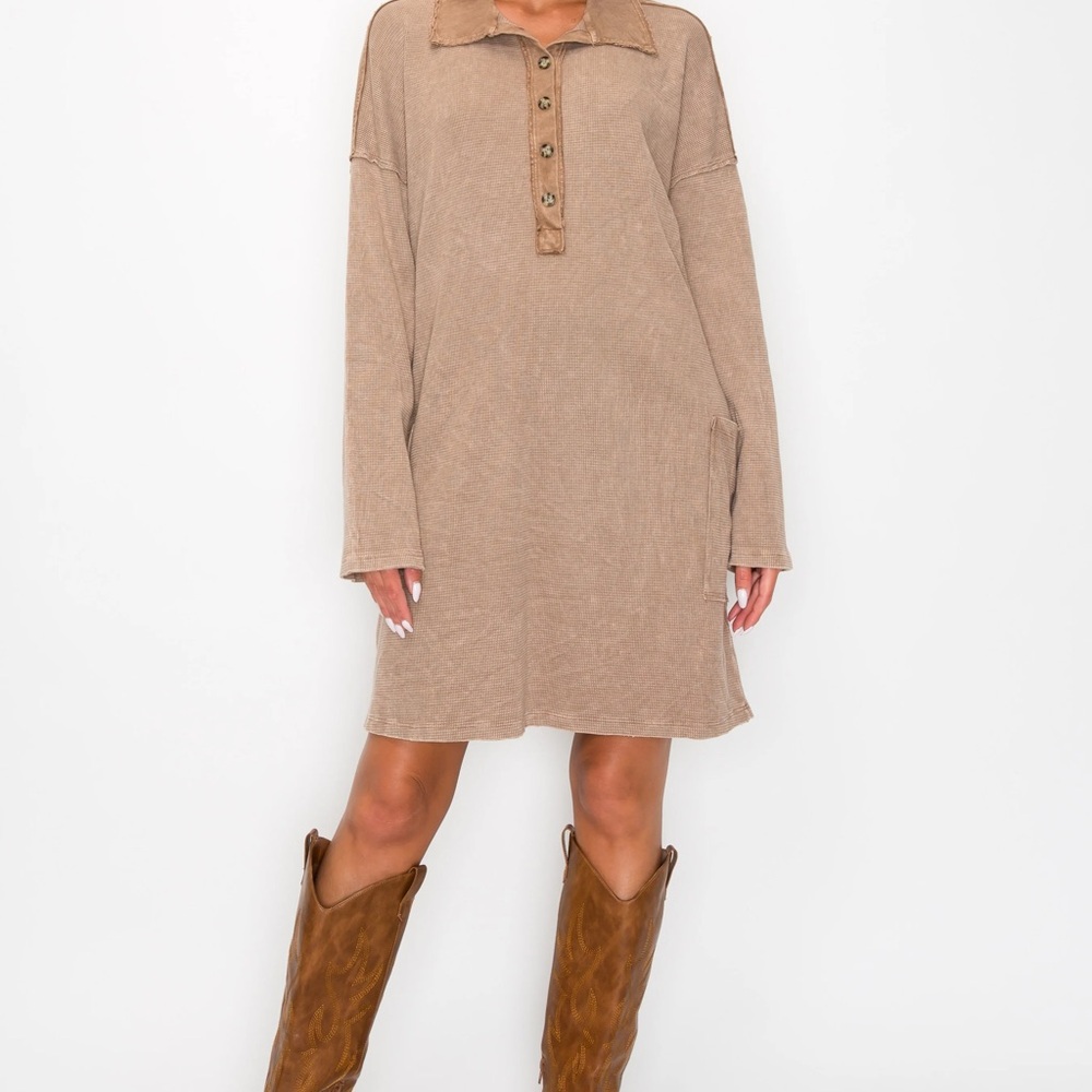 J.Her Waffle Knit Long Sleeve Henley Shirt Dress Western Raw Hem Large